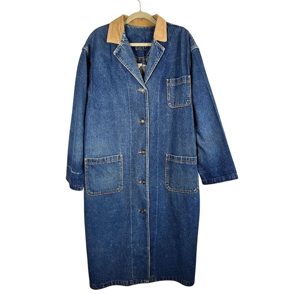 Vintage Lee‎ Denim Corduroy Chore Coat L Blue Jean Duster Trench Barn 70s Work